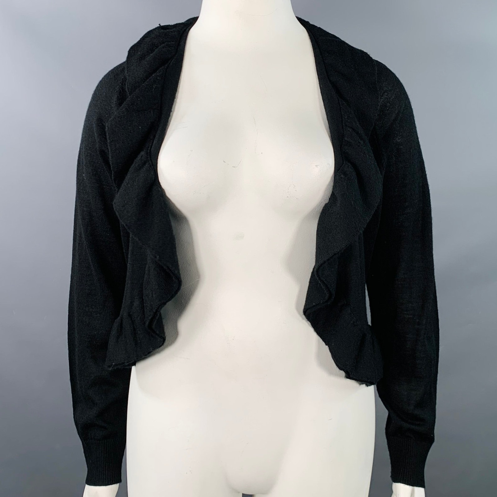 Neiman Marcus Size Xl Black Acrylic Wool Ruffled Open Front Cardigan